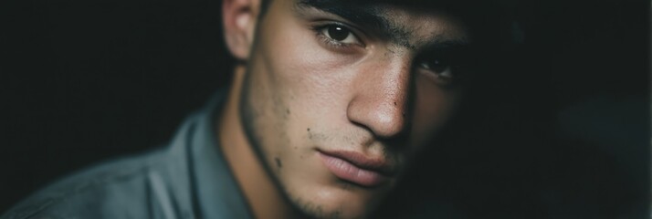 Brooding gaze of a young Hispanic male, shadowed mystery, Dia de los Muertos introspection, urban solitude whispers