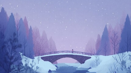 Snowflakes kiss an ethereal bridge under a lavender twilight, whispering solstice secrets and invoking Japanese Yuki Matsuri dreams