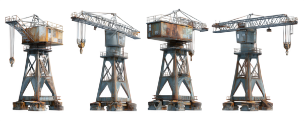 High-Quality Detailed Isolated Four gantry cranes shown side digital artwork, PNG cutout, ideal for web banners and video overlays, premium resource, digital downloads, professional graphics