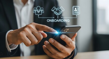 Businessman utilizes a mobile phone for onboarding, symbolizing new employee integration and digital human resources in a modern tech world.
