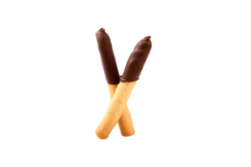 two chocolate dipped sticks sticking out of a white surface