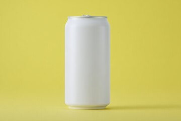 Minimalist white soda can on lemon-bright backdrop, embodying simplicity and potential for National Beverage Day creativity and innovation
