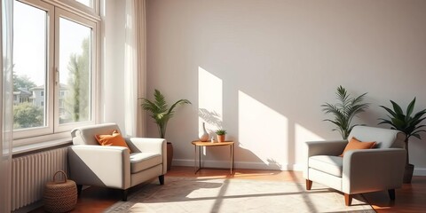 Sunlit living room corner, two armchairs, bright interior,  spacious,   home interior