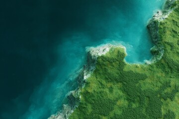 Obraz premium Thriving emerald coastline embraces azure waves, evoking Earth Day's whispers and the mystical spirit of World Oceans Day