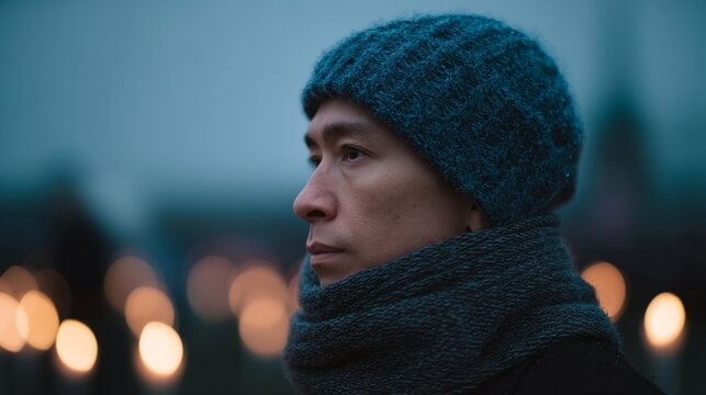 Silent contemplation envelops an East Asian man's profile, winter solstice whispers, candle-lit reflections, serene urban nightscape