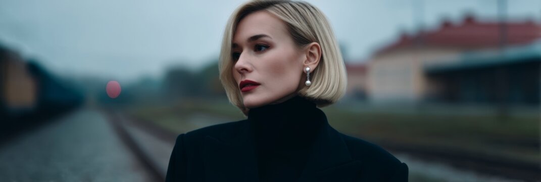 Elegant woman with short blonde hair gazes pensively along misty railway, embodying serene nostalgia of Yule celebrations