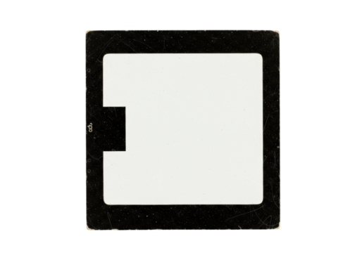 A vintage film frame with authentic scratches and dust particles, black square aperture on left, white imperfect screen, isolated on plain black background with no shadows, retro cinematic artifact