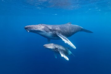 Obraz premium Blue ocean embraces gentle giants gliding silently, echoing whispers of World Oceans Day and Japanese Bon Festival tranquility