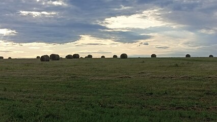 Golden Hay Bales Dotting the Vast Green Field Under a Dramatic Cloudy Sky at Sunset