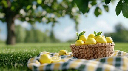 Wicker basket of sunlit lemons on picnic plaid, echoes Harvest Festival zest, tangy summer relics, tranquility orchard