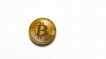 A single gold bitcoin coin on a white background with space for text and copy on the right side