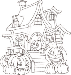 Halloween spooky House with pumpkins Hand Drawn