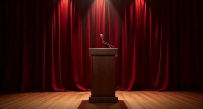 Wooden Podium with Microphone on Stage with Red Curtain Background