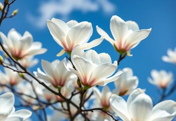 Reflective white magnolia blossoms, abstract shapes, azure sky mirrored, serene, abstract