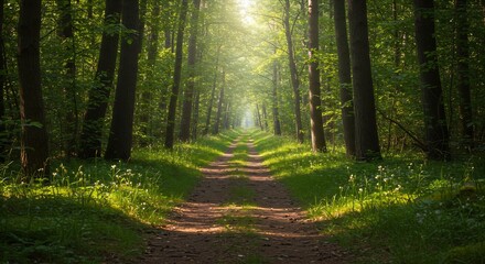 Obraz premium Sunlit Path Through Lush Green Forest with Tall Trees and Wildflowers
