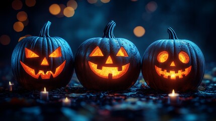 Halloween background with pumpkins, candles and haunted house. Halloween night wallpaper design for poster, card or banne