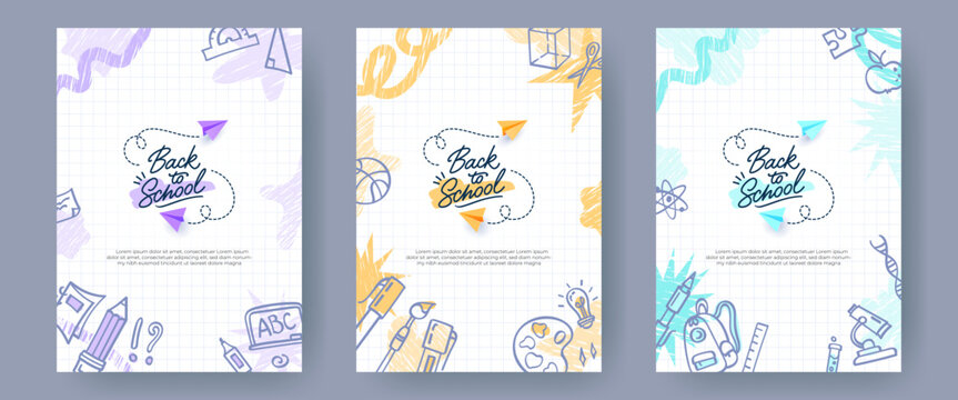 Back to School vertical banners, backgrounds. Creative posters with hand drawn illustrations, paper planes, doodle drawings on white checkered notebook paper. Web ad templates, educational concept.