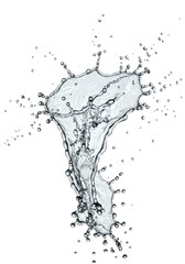 A dynamic, crystal clear water splash forms an intricate liquid sculpture, with thousands of iridescent droplets scattering outwards, isolated against a stark, seamless transparent background with