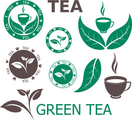 Tea-themed Logos and Emblems Collection with Green Tea Text