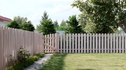 Peaceful backyard with wooden fence and lush greenery on a sunny day