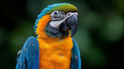 Obraz premium Close up of parrot face, blue and yellow macaw with beautiful feathers on head looking at camera against blurred background in wildlife,