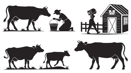 Fototapeta premium Farm life silhouettes depicting cow milking a person carrying milk pail and a barn and cows grazing in a field