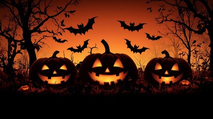 Halloween background with silhouettes of pumpkins, bats, and trees