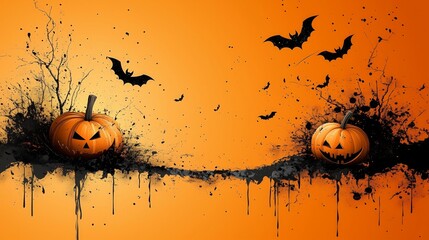Halloween background with silhouettes of pumpkins, bats, and trees