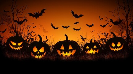 Halloween background with silhouettes of pumpkins, bats, and trees