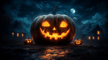 A spooky graveyard at night with tombstones, fog, and glowing pumpkins under the full moon. A Halloween pumpkin in front of an old house, moonlight shining on the ideal material.
