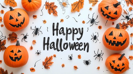 Halloween holiday decorations including gift box, pumpkins, spiders, bats on color background