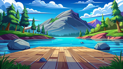 wooden floor in spring park with green trees, lake, and blue sky. Natural forest landscape reflection, peaceful outdoor scene, nature background