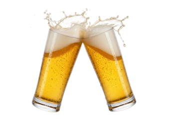 Two frosted beer glasses clinking, creating a dramatic golden lager splash and white foam eruption, frozen mid-air on a transparent background, high-key studio lighting, no shadows. Concept for
