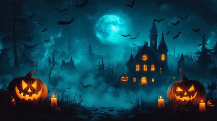 Halloween background with pumpkins, candles and haunted house. Halloween night wallpaper design for poster, card or banne