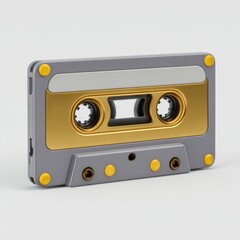 Obraz premium Retro grey audio cassette tape with gold accents and yellow screws isolated on white background