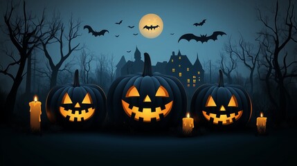 Halloween background with pumpkins, candles and haunted house. Halloween night wallpaper design for poster, card or banne