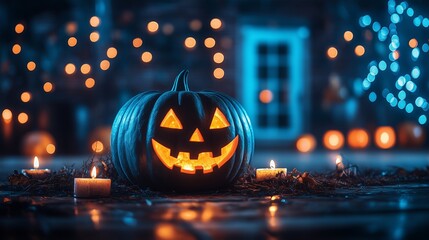 Halloween background with pumpkins, candles and haunted house. Halloween night wallpaper design for poster, card or banne