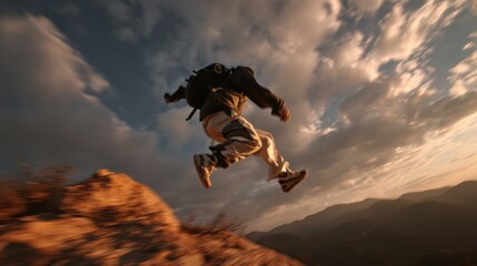 Adventure enthusiast leaping from a cliff in nature outdoor landscape sunset ambiance dynamic perspective