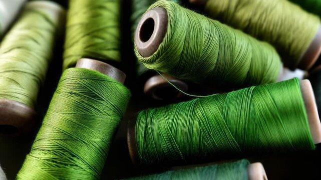 Exploring vibrant green threads and spools for creative sewing projects in a crafting workshop setting