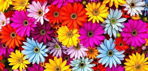 Fototapeta premium Overhead view of colorful spring blooms forming vibrant abstract pattern, background, seasonal