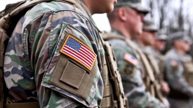 American armed forces personnel in camouflage fatigues representing service
