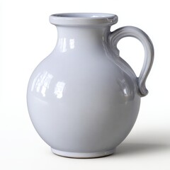Classic light gray ceramic jug with a curved handle and a wide opening isolated on white background