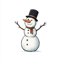 Cute snowman wearing a hat and scarf stands cheerfully in a winter setting with arms outstretched
