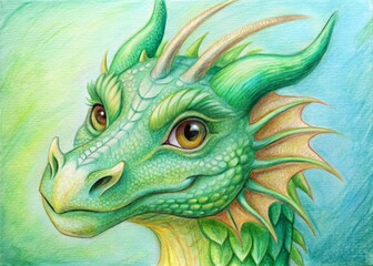 Fototapeta premium Charming Mint Green Dragon Face Crayon Art - Whimsical Fine Line Drawing