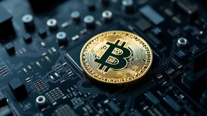 A close up of a bitcoin coin resting on a dark colored computer circuit board with components visible