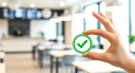 Hand showing green check mark in focus representing quality approval and positive confirmation