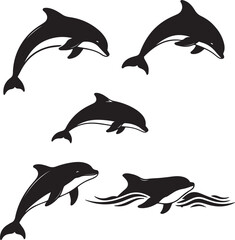 Naklejka premium swimming dolphin silhouette vector, black and white dolphin in motion, minimalistic dolphin swimming illustration, dolphin side view silhouette, dolphin gliding underwater vector, 