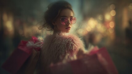 Glamorous Woman Shopping in Style at Night