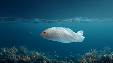 Fish Trapped in Plastic Underwater Scene