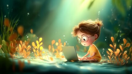 Whimsical Underwater Adventure with Laptop